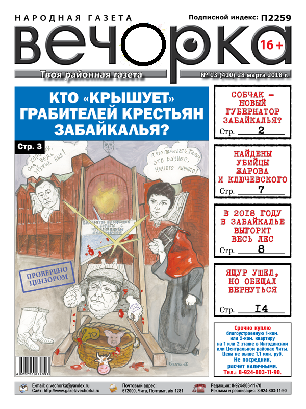 PDF-версия «Вечорки» № 13 (410) : пожар в Кемерово, Собчак – губернатор ЗК, убийцы Жарова и Ключевского