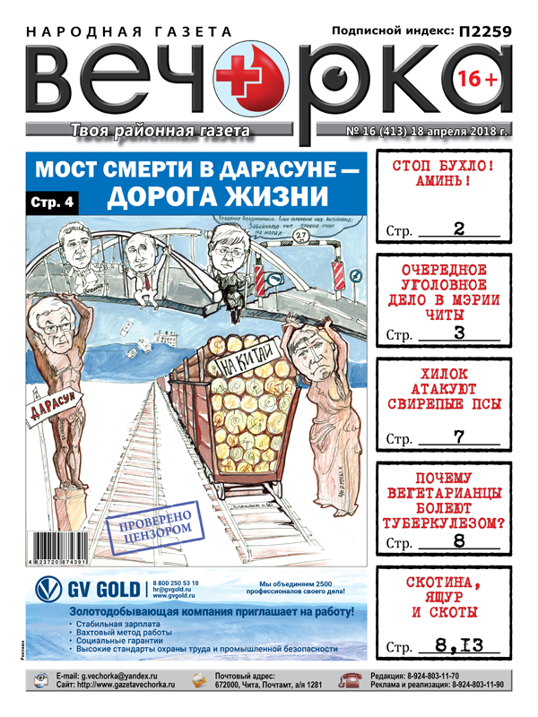 PDF-версия «Вечорки» № 16 (413): мост смерти в Дарасуне, аресты в мэрии Читы, псы в Хилке и Борзинский район без ящура