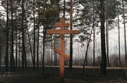 Обгоревшая земля вокруг уцелевшего креста под...